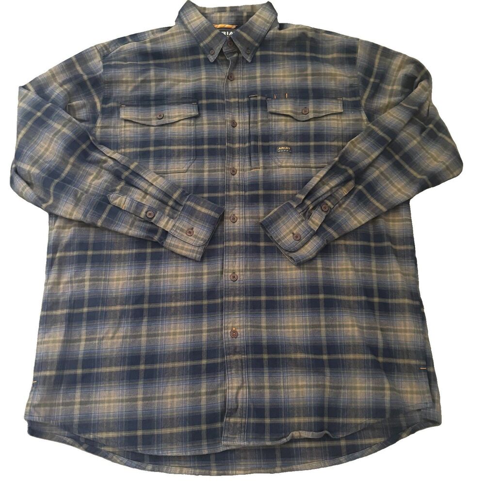 Ariat Rebar Mens XL Blue Plaid Heavy Thick Flannel Work Shirt 10052118